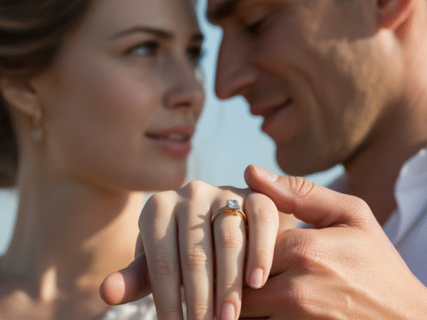 Close das mãos do casal mostrando o anel de noivado logo após o pedido.